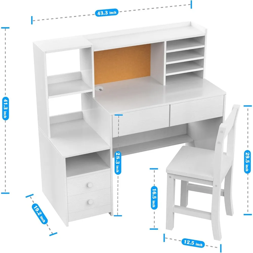 Ensemble bureau et chaise blanc pour enfants de 5 à 12 ans, bureau d'ordinateur pour enfants avec 4 sorties de proximité, table d'étude pour enfants