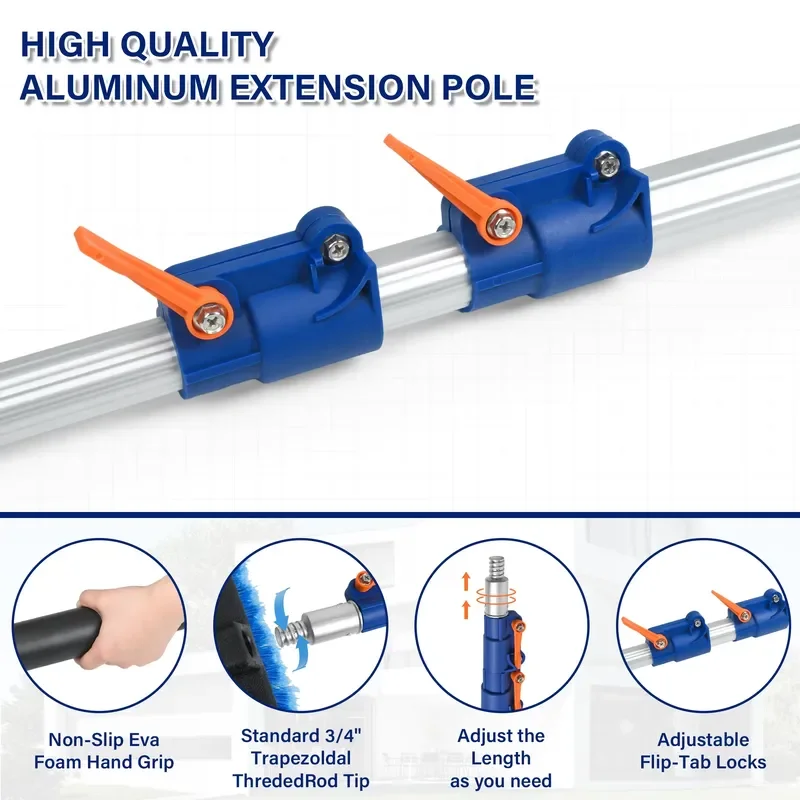 24ft Telescopic Window Cleaning Pole Kit with 3 Removable Brush Heads for High Reach Vehicle Car Washing and House Exterior
