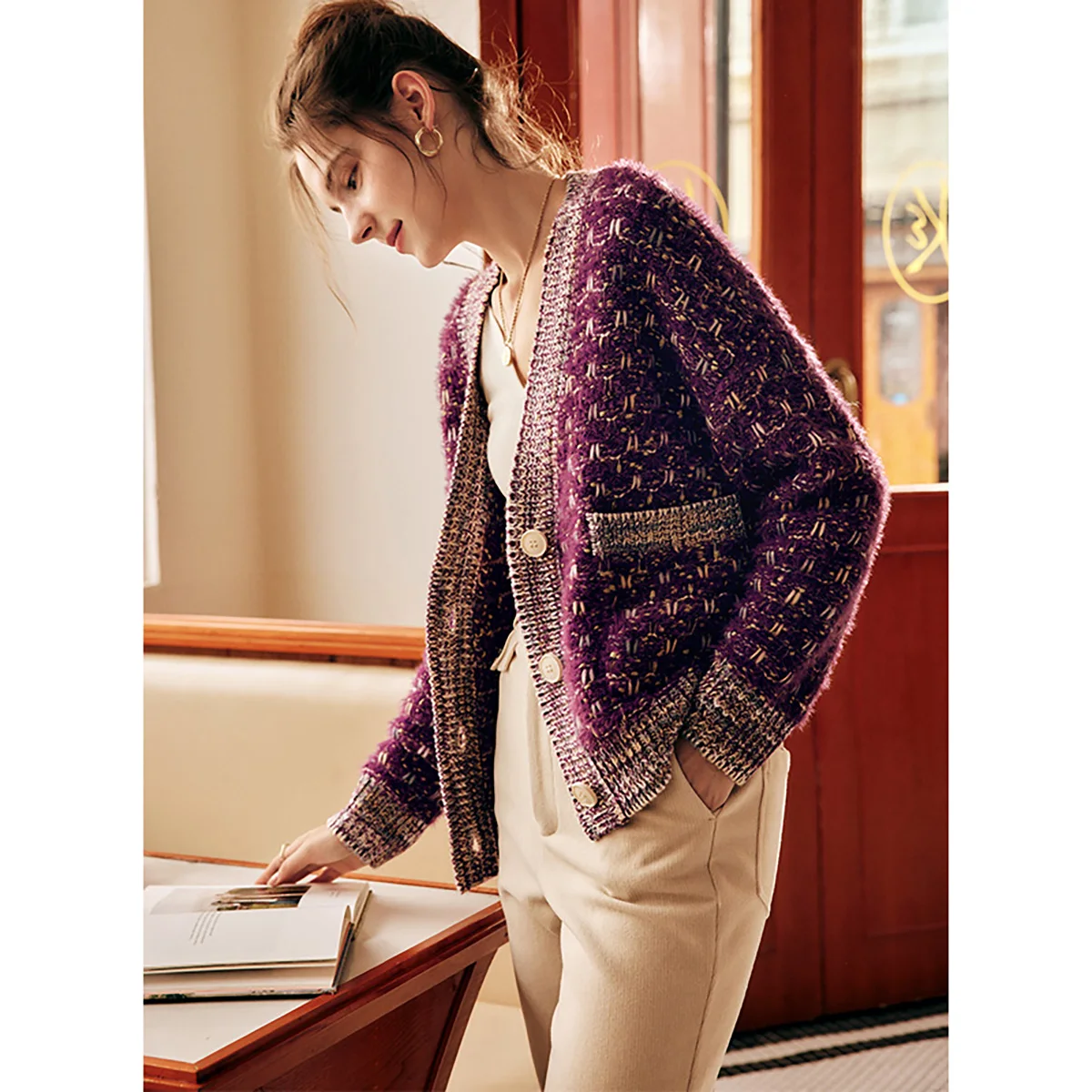 OLrain Women‘s Purple Knit Cardigan French 2026 Winter Oversized V-Neck Sweater Elegant Spliced Knitted Lady Jumpers O22DM66361
