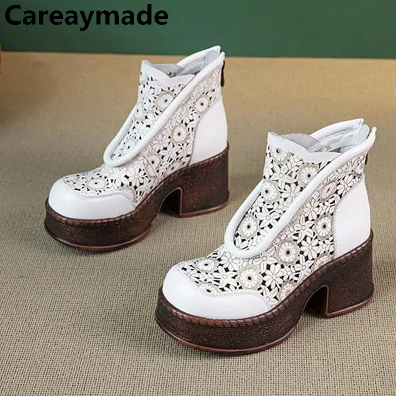 

Careaymade-Genuine Leather Sandals Ankle Booties Women Hollow Chimney Moccasins Fashion Summer Motorcycle Natural Boots Shoes