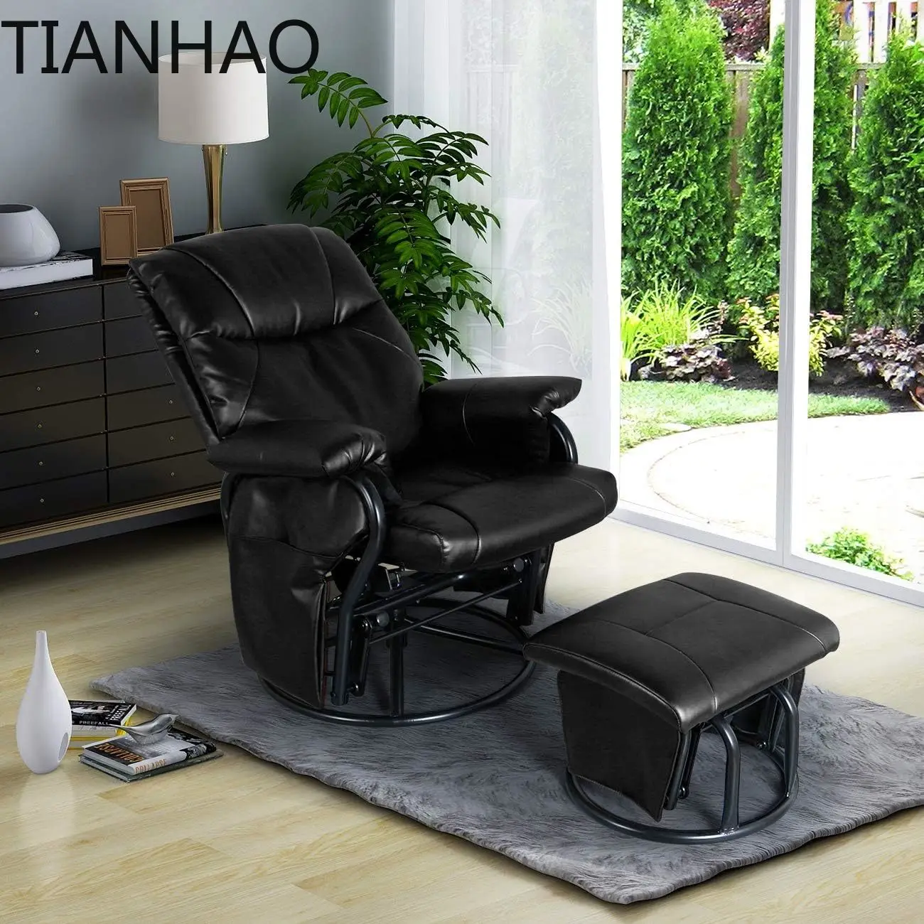 Glider Chairs Rocking Chair with Ottoman 360° Swivel Chair PU Leather Upholstered Armchair Lounge Chair Sliding Chairs Set Black