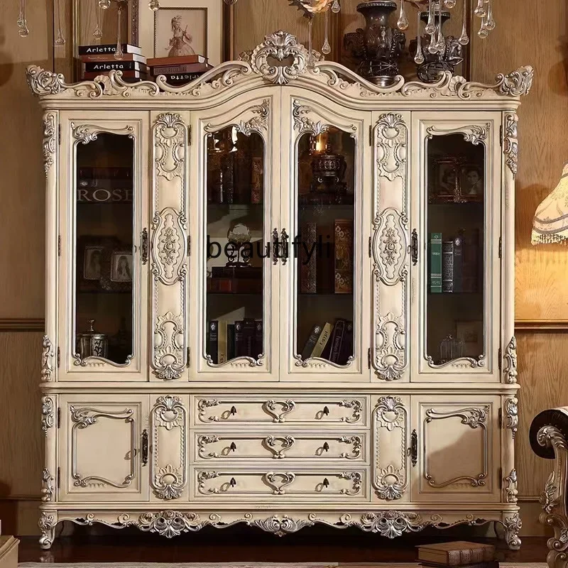 Living Room Full Solid Wood Carved European Style Large Wine Cabinet Villa Luxury Storage Display Cabinet