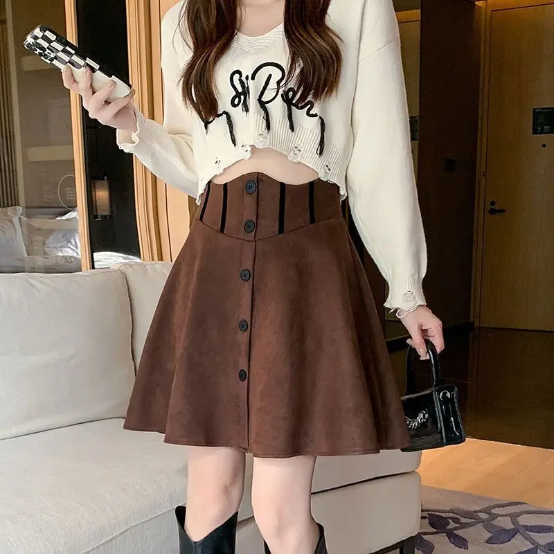 Herringbone Wool Pleated Skirt Women'S Spring Autumn Popular High Waist Slimming A-Line Large Swing Short Hip-Covering Skirt