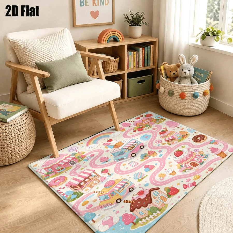 1Pc Cartoon Candy Dessert Town Pattern Printed Carpet, Pink Style Decorative Floor Mat, Suitable for Living Room, Bedroom, Dining Room, Bedside, Indoor and Terrace, Home Decoration Accessories