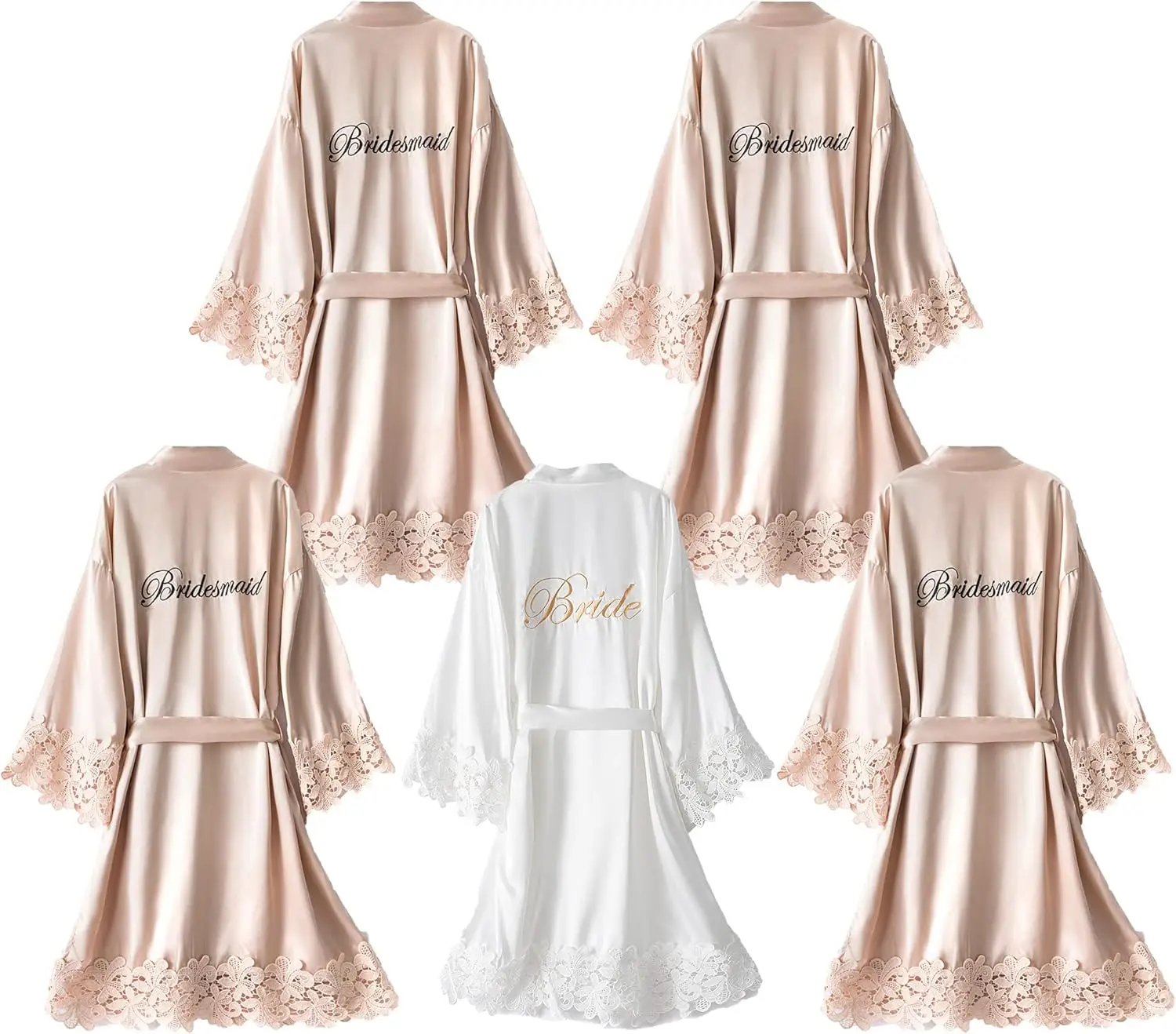 Juego de 5 Kimonos para Damas de Honor con Ribete de Encaje Bordado para el Día de la Boda