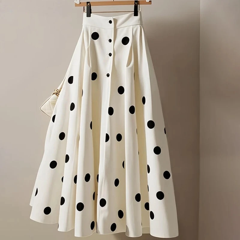 

White Polka Dot Skirt for Women 2025 Faldas Mujer De Moda High Waist A-line Jupe Vintage Korean Saia Big Swing Loose Sweet Skirt