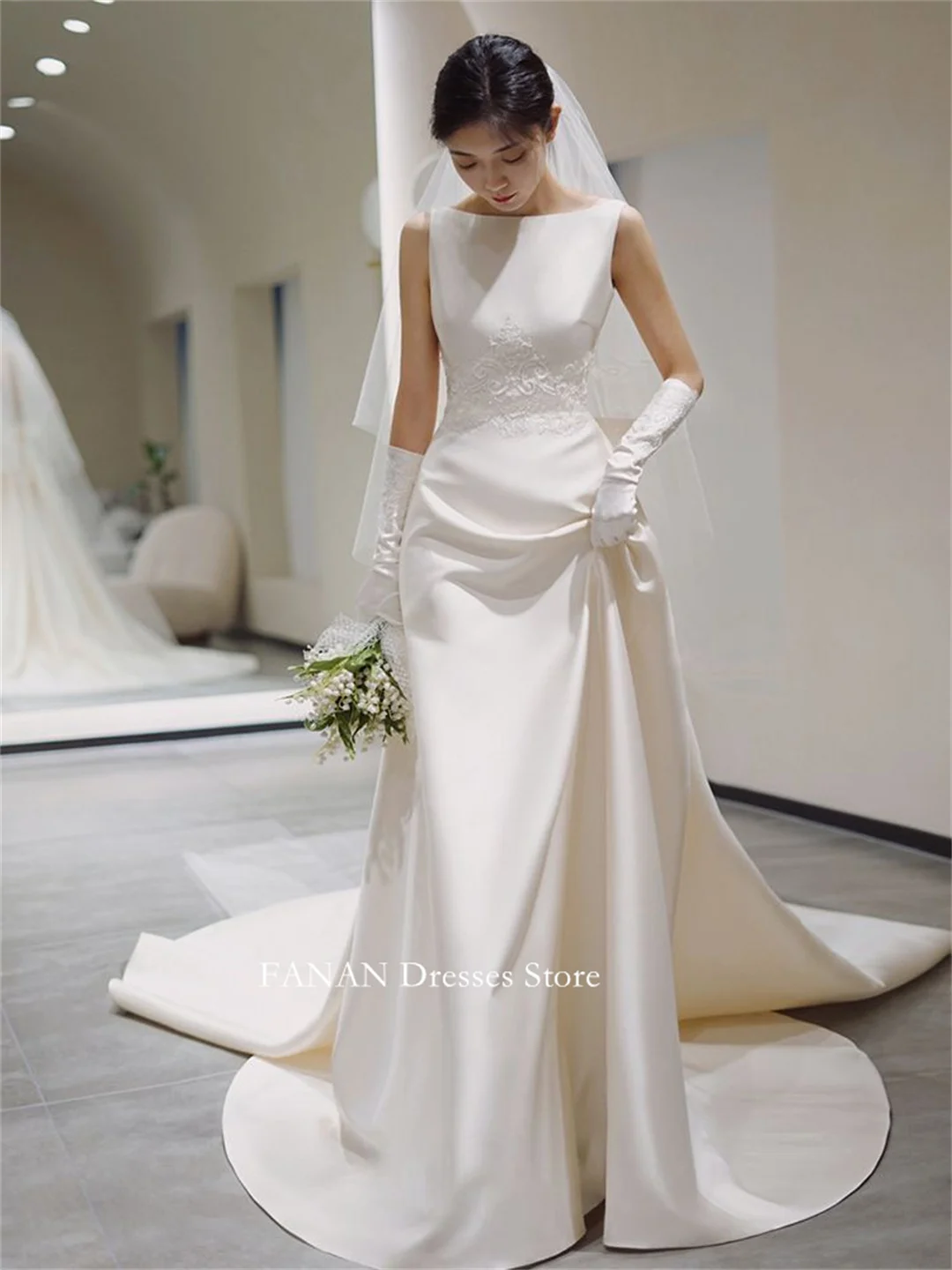 

FANAN Boat Neck Korea White Long Wedding Dresses 웨딩드레스 Sleeveless Satin Customized Pretty Bride Gowns Plus Size