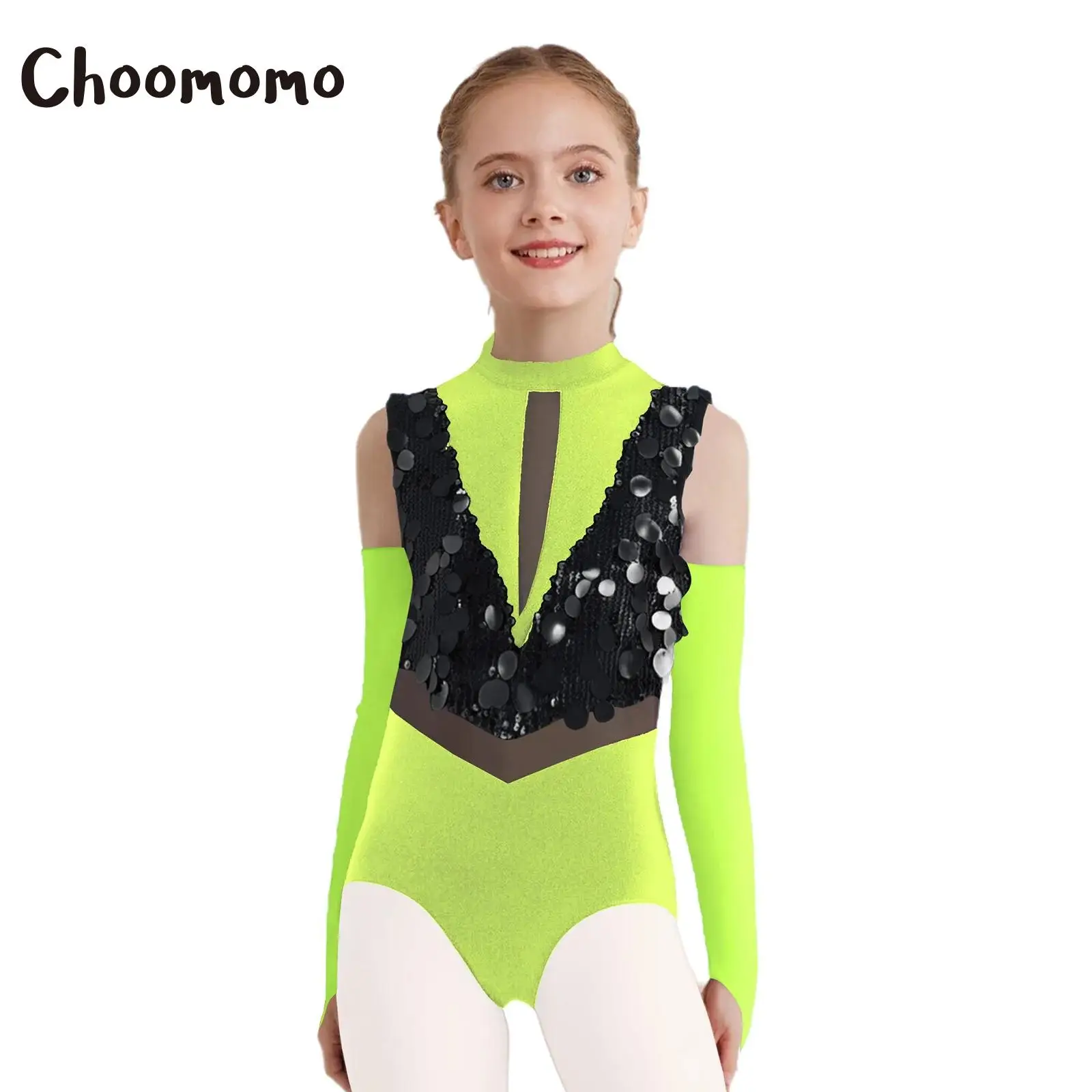 Leotardo de baile para gimnasia y Ballet con lentejuelas para niñas, con guantes, traje de actuación de Jazz latino sin mangas