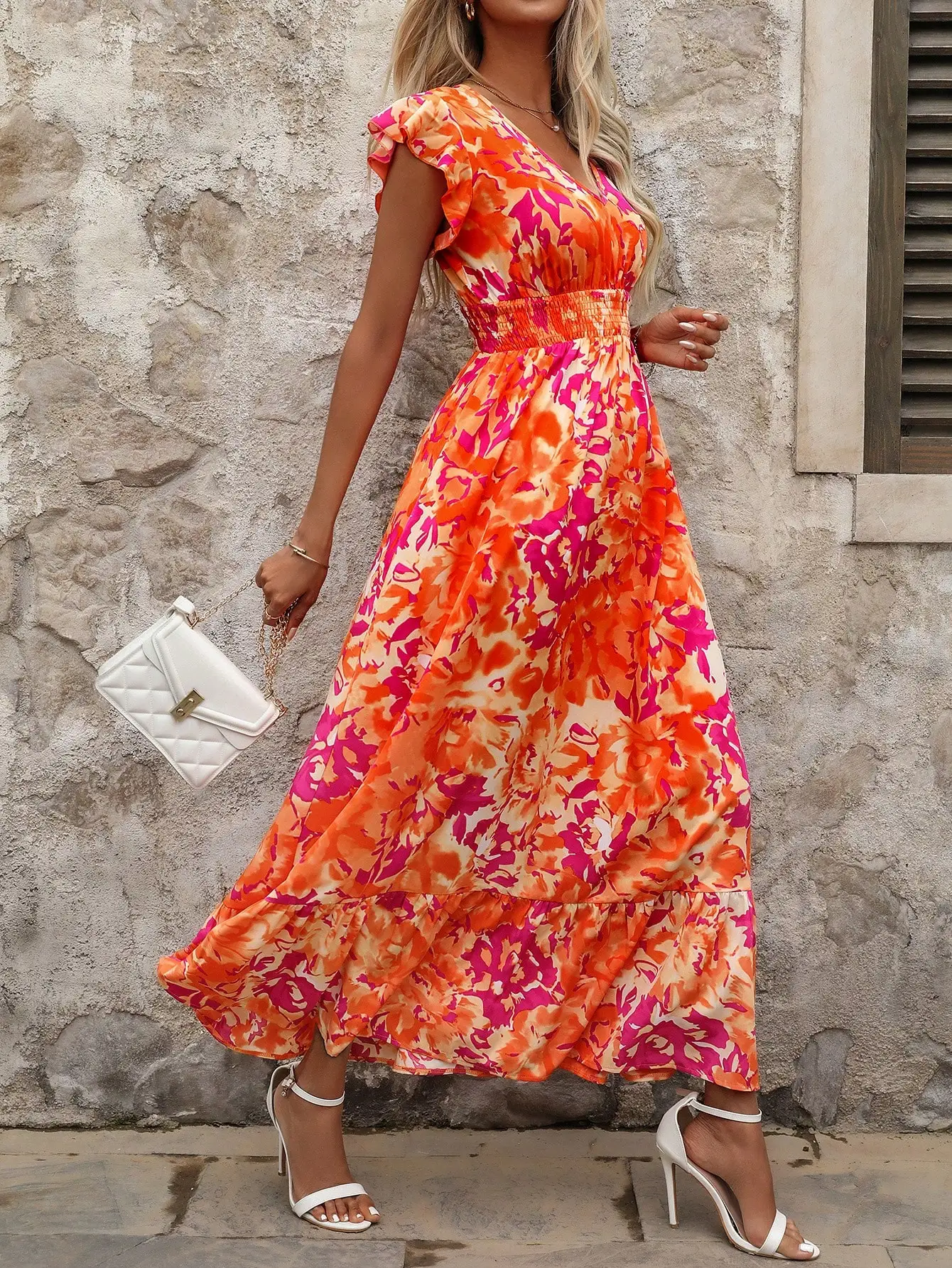 

V-Neck Ruffle Sleeve Floral Maxi Dress with Smocked Waist