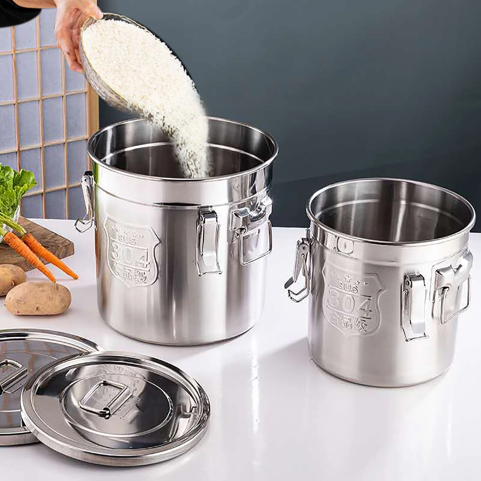 304 Stainless Steel Three-Buckle Rice Barrel 6L /12L Miscellaneous Grain Barrel Bucket with Lid