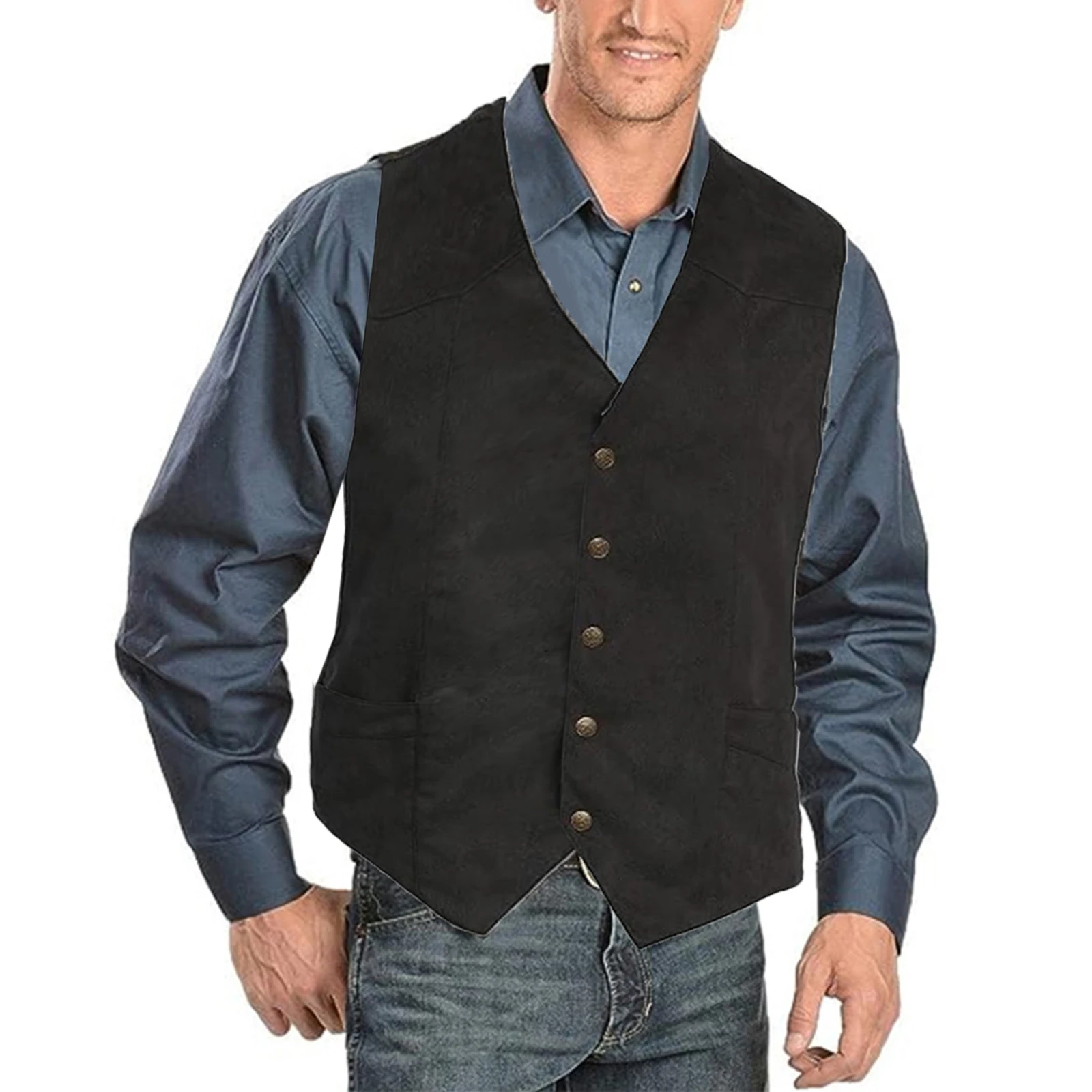 Chaleco de traje con cuello en V para hombre, chaleco sin mangas con dobladillo curvo y botones
