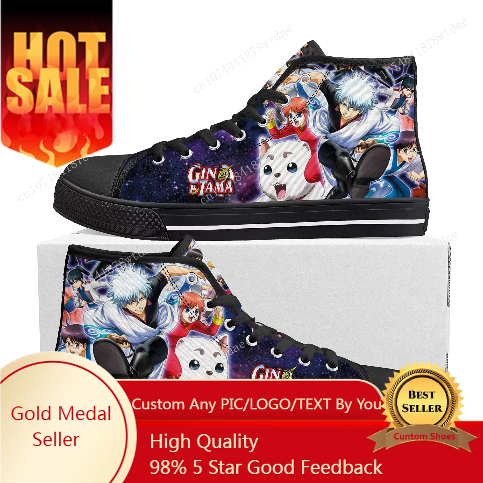 Gintama High Top Sneakers Mens Womens Teenager Sakata Gintoki High Quality Canvas Sneaker Anime Cartoon Casual Custom Made Shoes