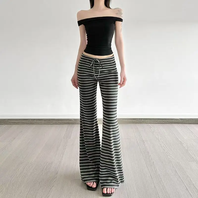 summer Harajuku Y2K thin style drawstring sports yoga pants American casual hot girl contrasting striped micro flared pants