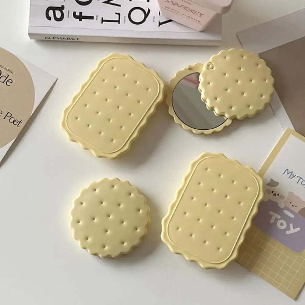 Mini Biscuit Hand-Held Mirror Cheese Biscuit Design Portable Biscuit Make-Up Mirror Cute Folding Biscuit Pocket Mirror Student