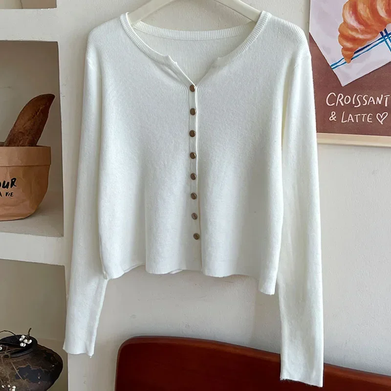 

Knitted Sweater Women Cardigans New Long Sleeve O-Neck White Knit Sweater Cardigan Women Tops Knitwears Sueters De Mujer Q1198