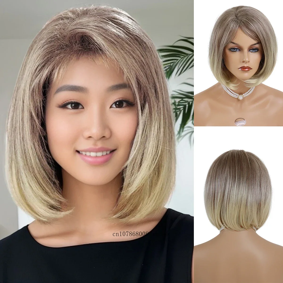 Wig pirang Ombre pendek rambut sintetis untuk wanita Wig lurus pendek dengan poni tahan panas gaya rambut Bob kostum pesta sehari-hari