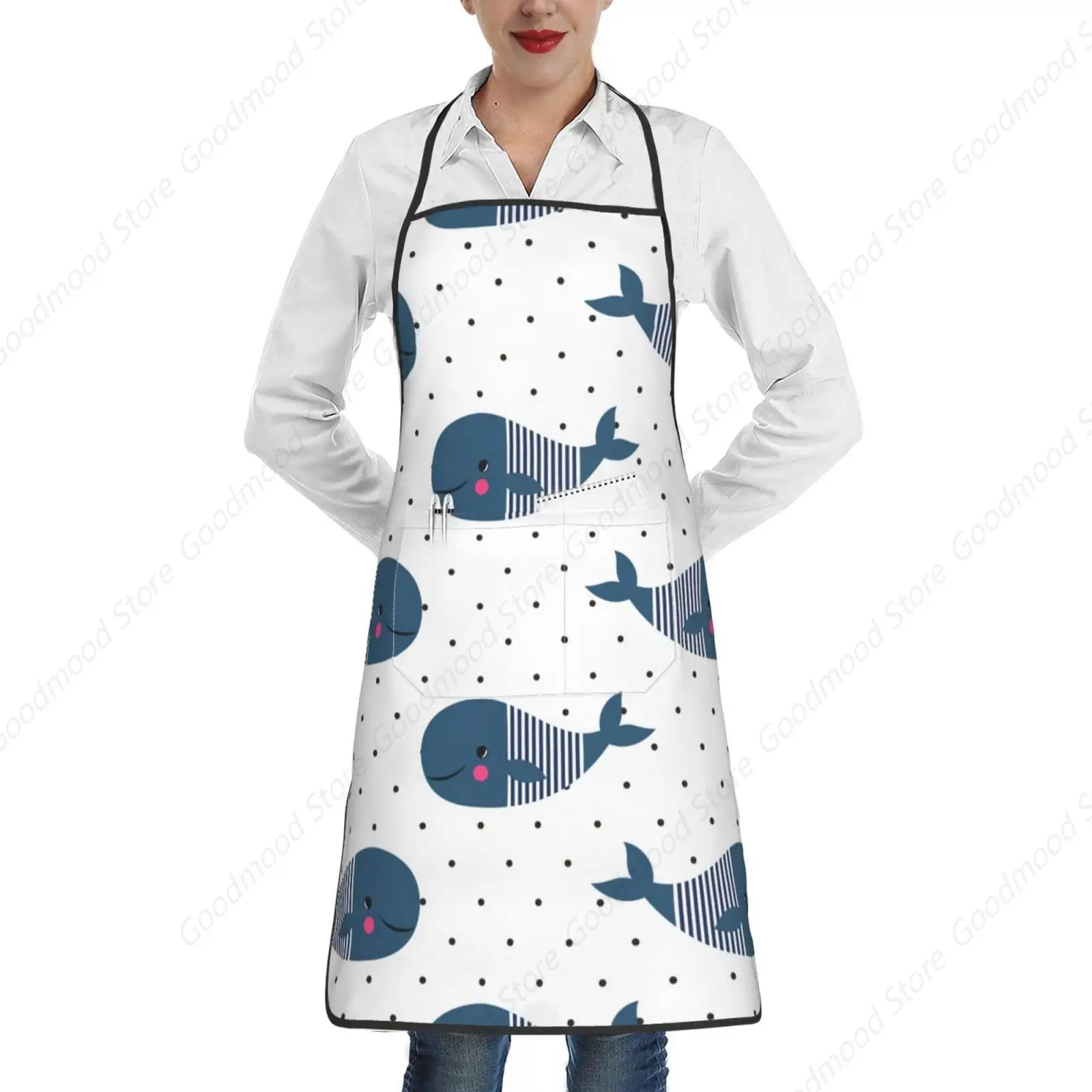 Cute Whale Pattern Kitchen Chef Apron with Pockets, Cute Waist Apron with Adjustable Neck for Men Women Suitable