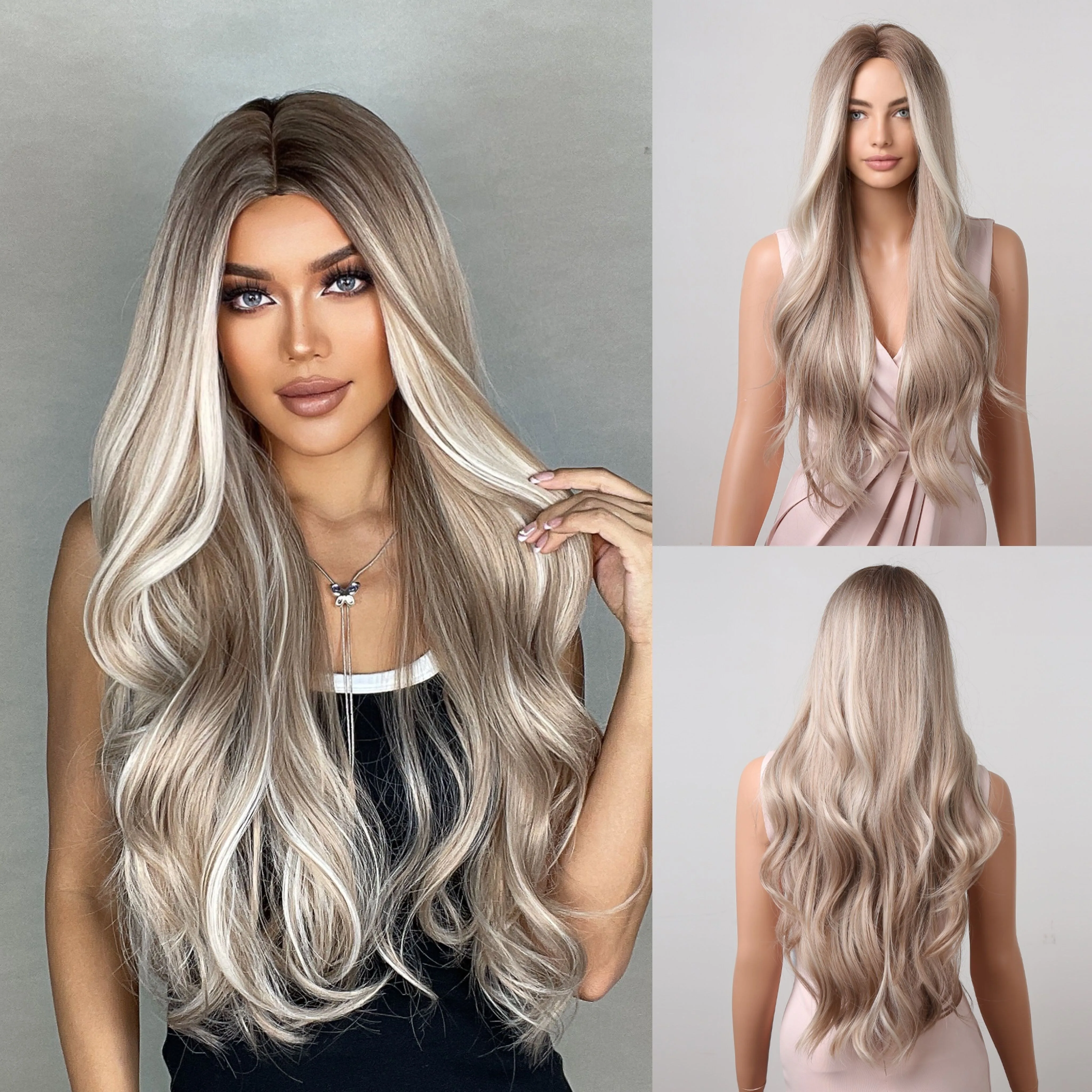 

28 Inch Synthetic Women's Wig Light Brown with Highlights Long Wavy Hair Everyday Pretty Party Outfit