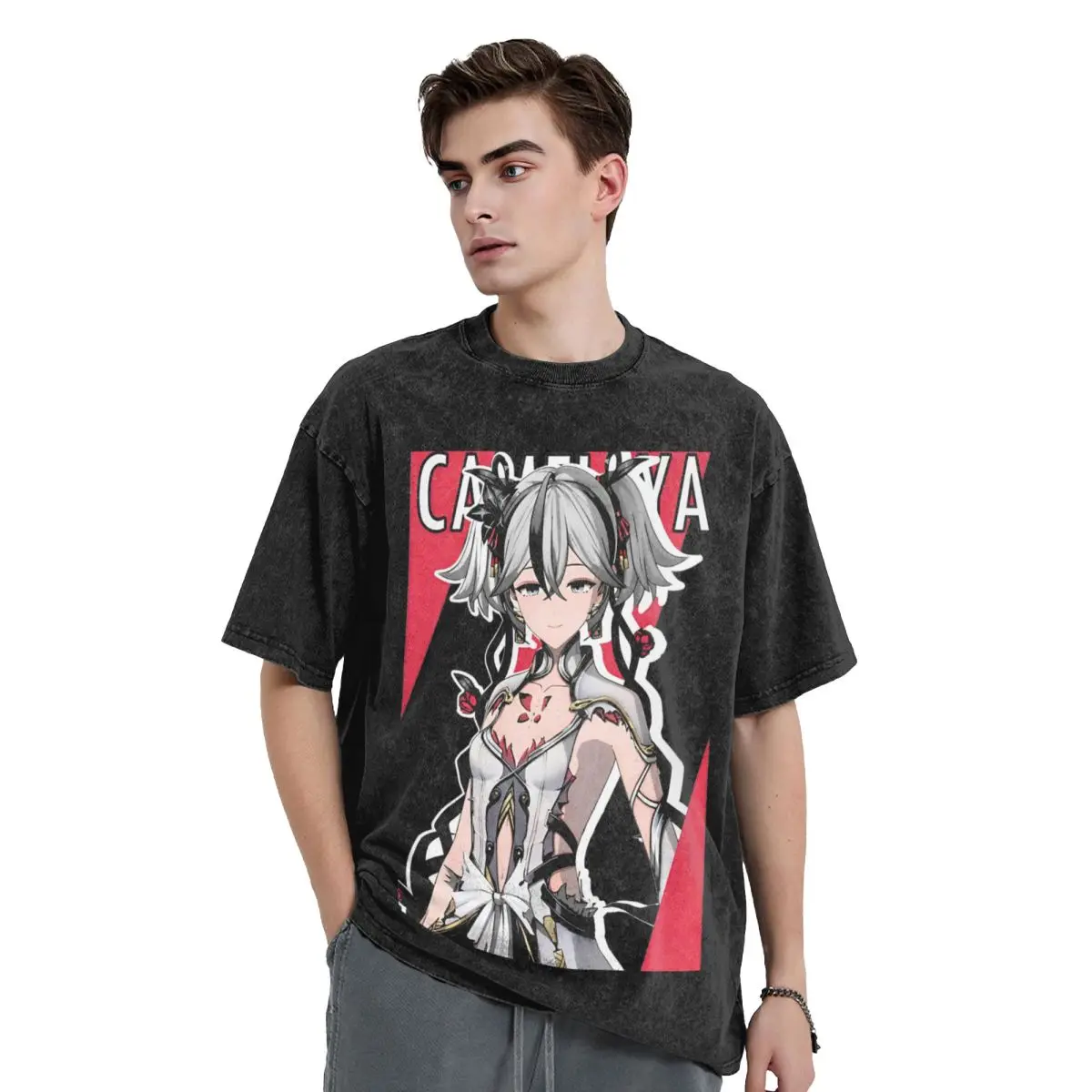 Washed T Shirts Wuthering Waves Camellya Vintage T-Shirt Oversize Anime Game Streetwear Graphic Tops Tee Shirt for Men Women