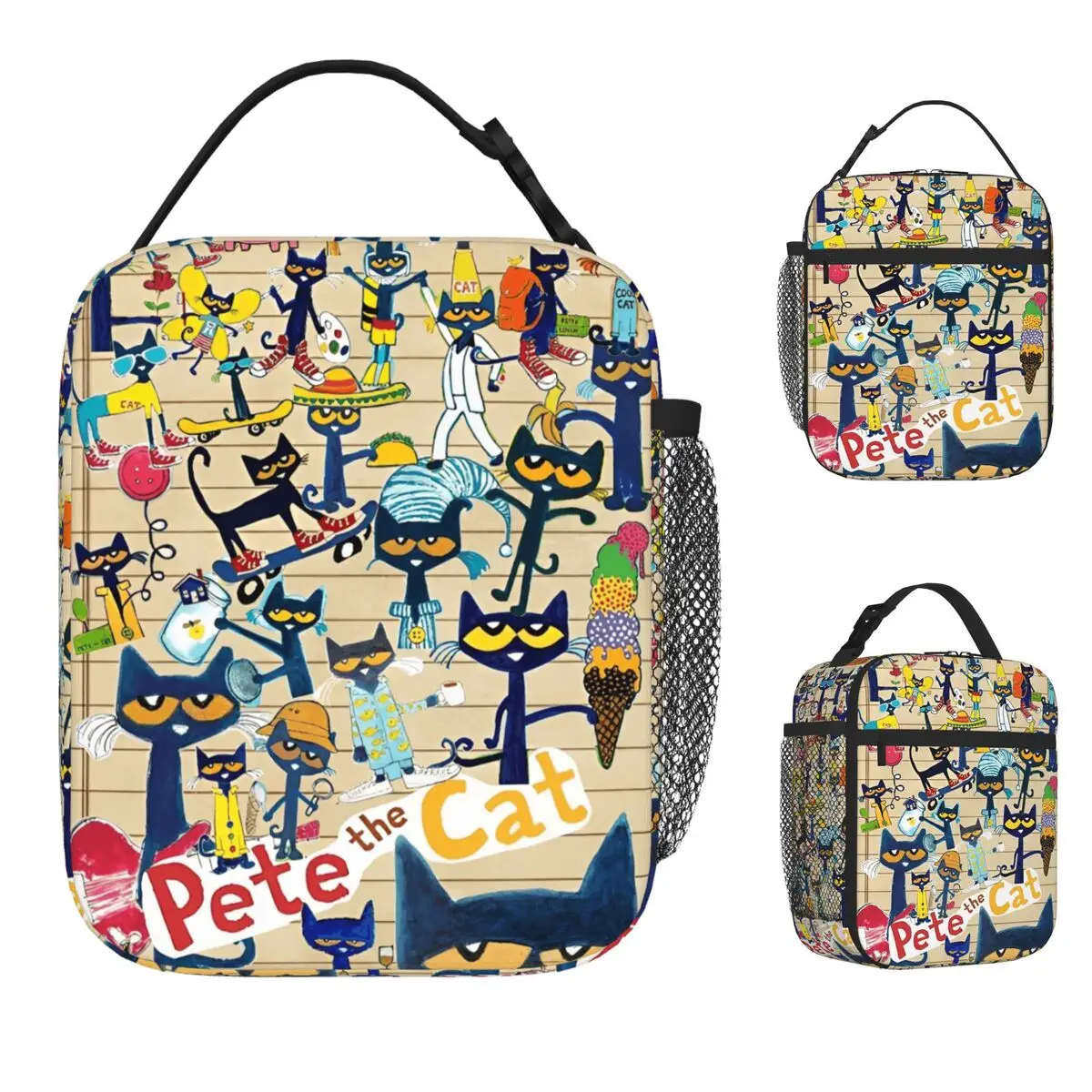 Pete The Cat Comic Bolsa de almuerzo con aislamiento térmico para la escuela de dibujos animados lindo bolsa de comida reutilizable refrigerador térmico caja de comida