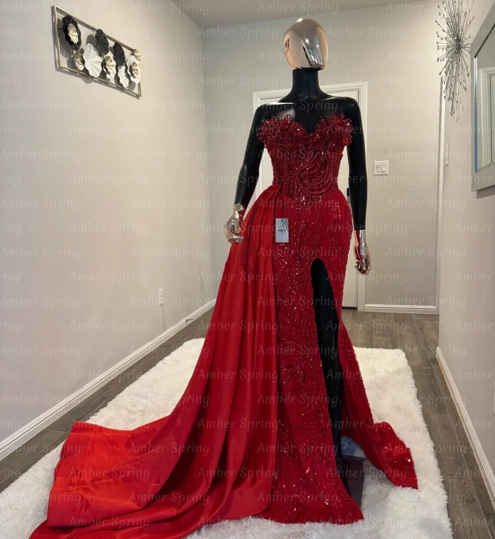 

Sparkly Sequin Red Evening Dress Beaded Mermaid Prom Dress For Black Girls High Slit Birtday Party Gala Side Train Customized