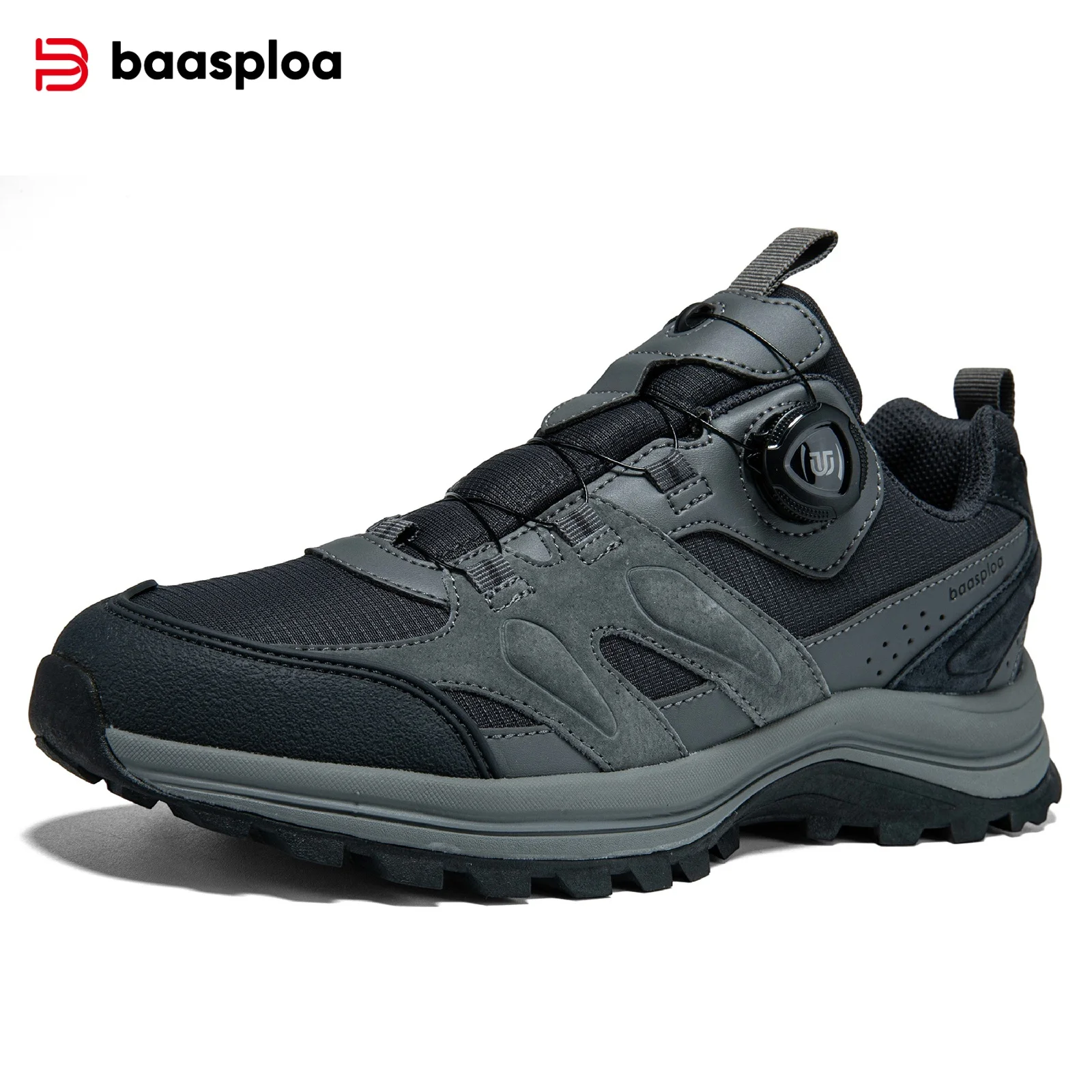 Baasploa Men Hiking Shoes New Rotating Button Trail Male Outdoor Shoes Leather Anti Splash Water Soft Walking Sneakers Non-Slip