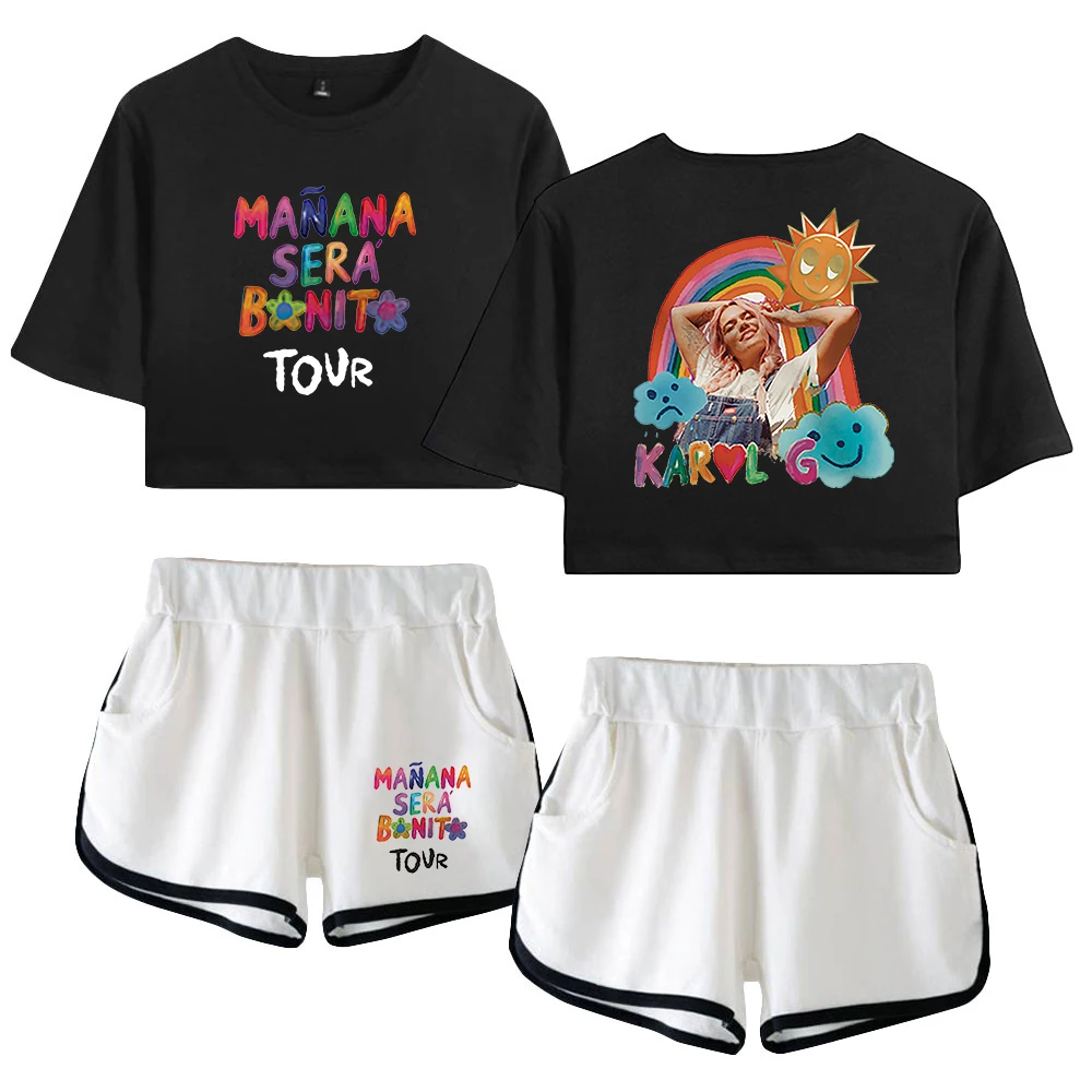 Karol G Manana Sear Bonito Merch  2023 World Tour Fashion Two Piece Set Short Sleeve Crop Top Navel Tee+Shorts Women's Sets