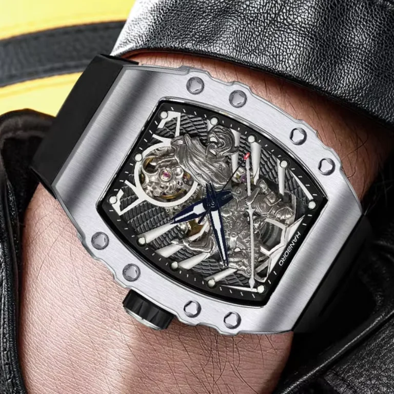 HANBORO Men Automatic Watch Tonneau Mechanical Wristwatch Waterproof Luminous Skeleton Knight Dial Sapphire Miyota Mov