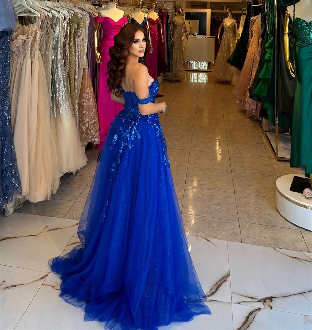 Annie-vestido de novia azul bordado con lentejuelas brillantes, vestidos de graduación con hombros descubiertos, línea A de tul, vestidos para ocasiones a medida