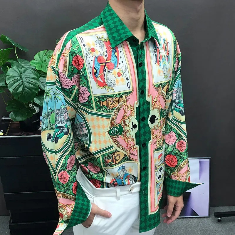 2023 Vintage Playing Card Print Contrasting Color Print Long Sleeve Shirt Holiday Casual Dress Blouse Clothes Men Hawaiian Shirt