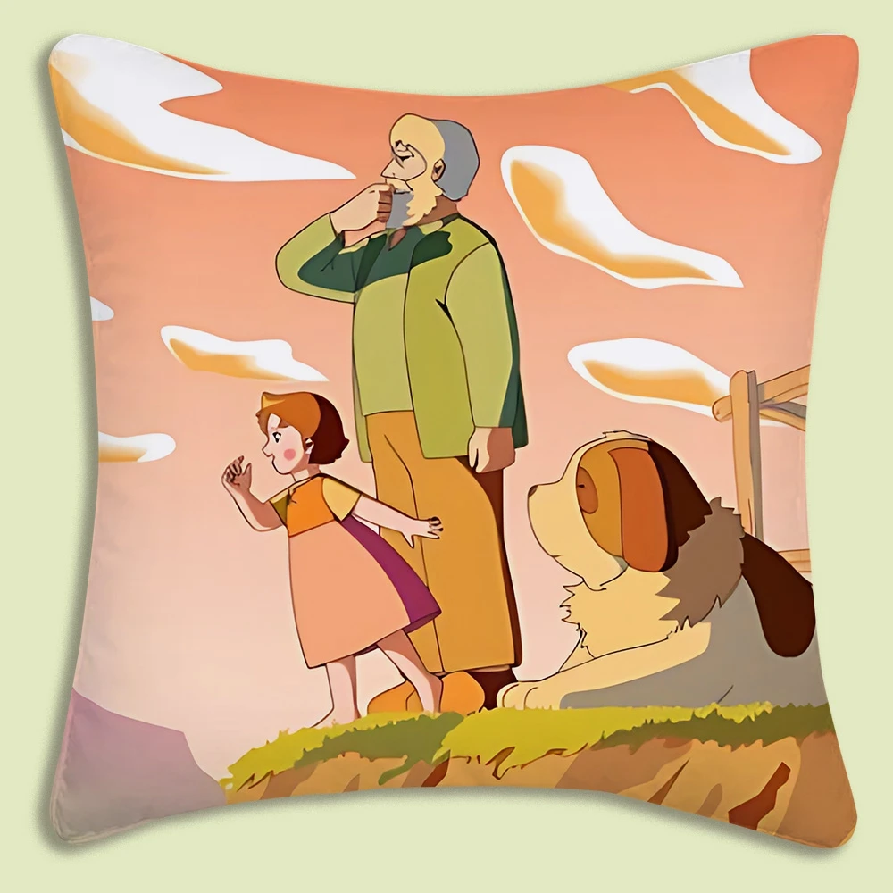 

Heidi Peter And Grandpa Alps Goat Mountain Pillow Covers Cartoon Sofa Decorative Home Double-sided Printing Short Plush Cute