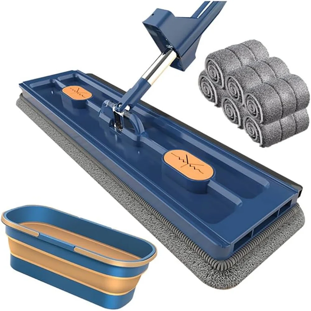 Large Flat Mop with Rags & Bucket,360ยฐ Rotating Magic Self Wringing Flat Mop,Wall Cleaning Mop with Stainless Steel Long Handle