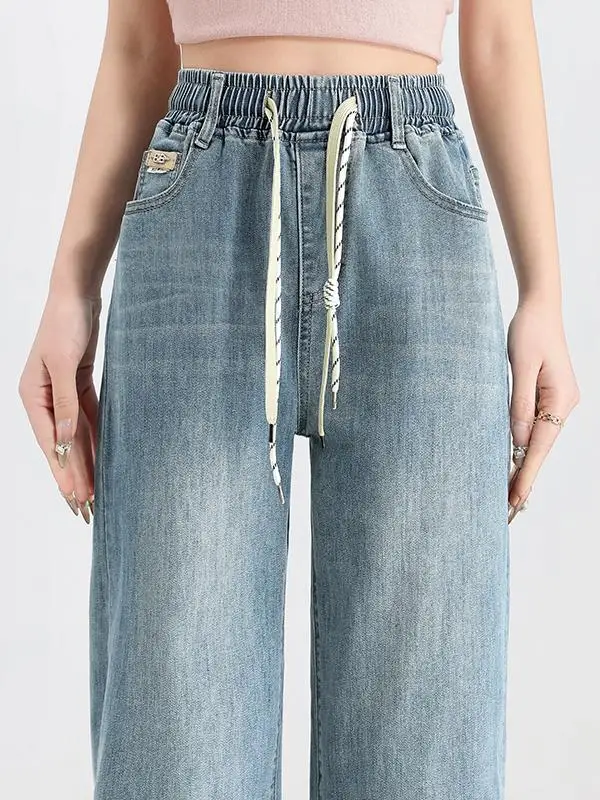 

Tight Waist Belted Wide Leg Jeans Women's Summer New Small Size Dra Thin Floor-Length Pants Casual High Waist Long Pants