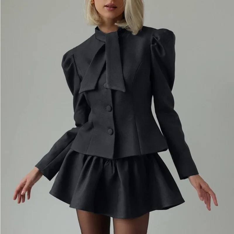

Elegant Two Piece Set for Women Office Lady Bow Neck Long Sleeve Button Corset Coat + Ruffle Mini Skirt Suit Autumn Outfits