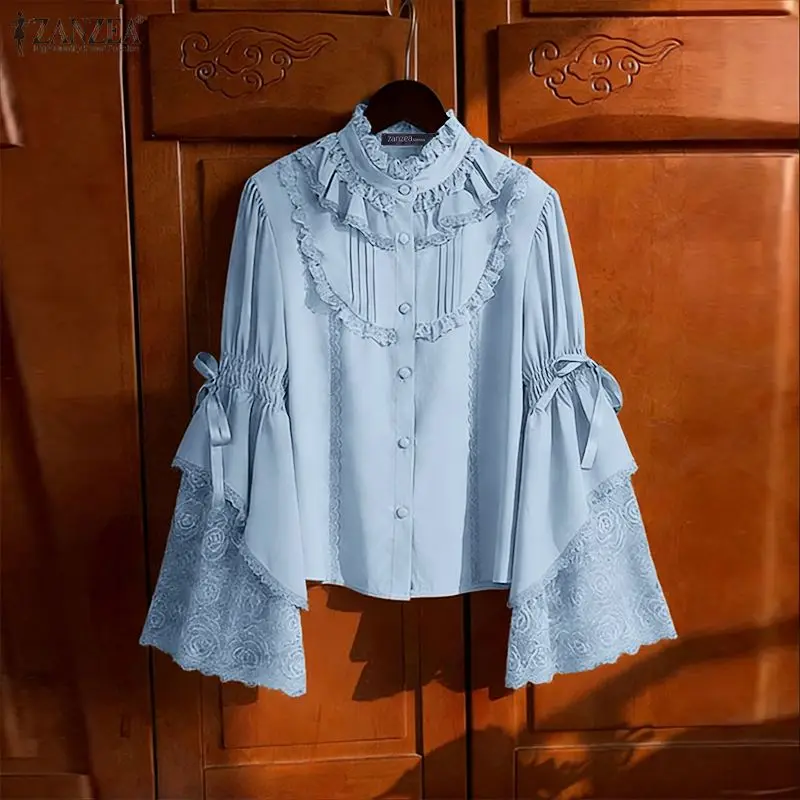 

Женские рубашки ZANZEA: Модные повседневные топы с длинными расклешенными рукавами и кружевными вставками, элегантные офисные блузки свободного кроя для женщин, коллекция 2026