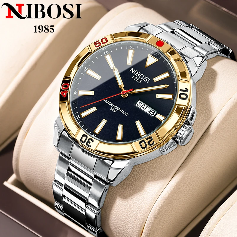 NIBOSI брендовые роскошные мужские часы из нержавеющей стали, водонепроницаемые часы с датой недели, спортивные светящиеся часы для мужчин, relogios masculino