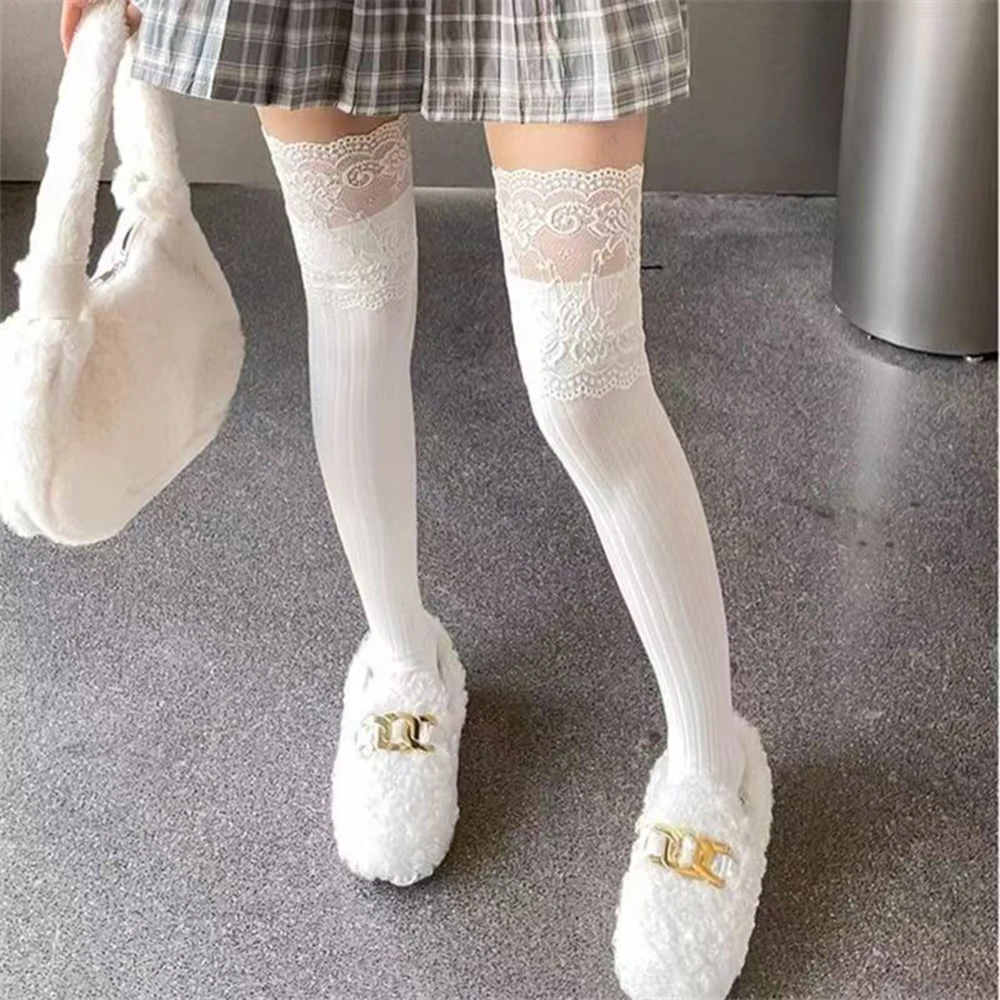 Modische Damen Herbst Winter Einfarbige Overknee-Spitzenstrümpfe Niedliche Lolita Dicke Schlankmachende Warme Strümpfe Schwarz Weiß Lange Socken – Detail 3