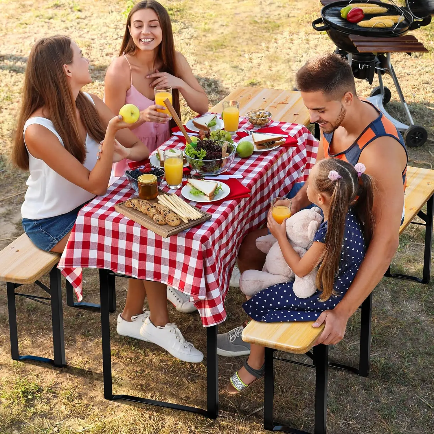 Folding Picnic Tables with Benches Set, Wooden Beer Garden Table Bench, 3-Piece Portable Fold Up Camping BBQ