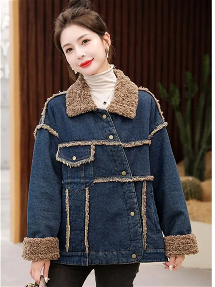 Plus Size Winter Denim Jack Vrouwen Kleding Koreaanse Mode Pluche Plus Fluwelen Gewatteerde Warme Splice Lamswool Cowboy Bovenkleding Vrouw