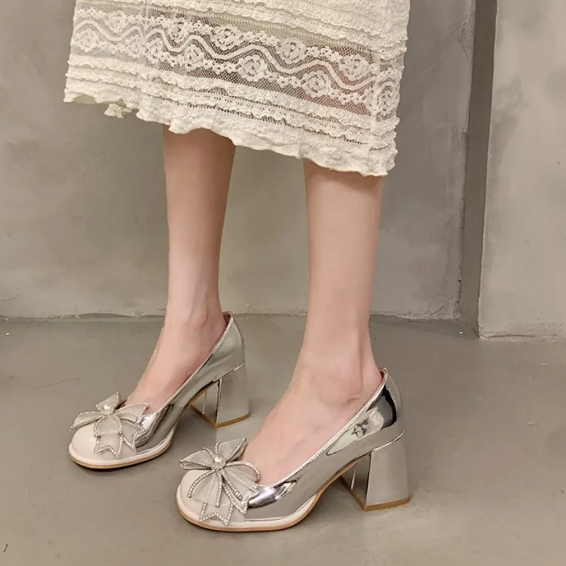 

New Women's Shoes Exquisite Rhinestone Bow High Heels for Woman Sweet Style Round Head Casual Shoes Designer Shoes Zapatos Mujer