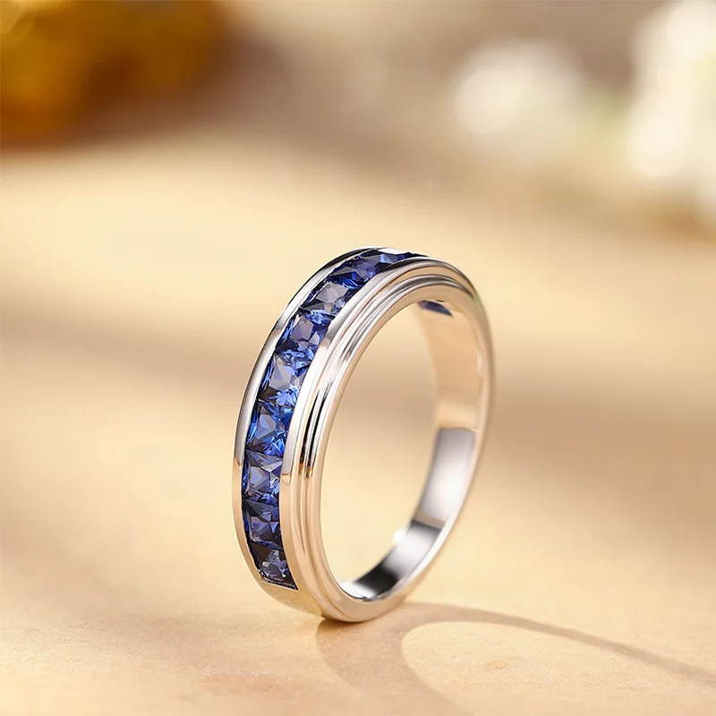 925 Sterling Silver Cultured Royal Sapphire Ring with Force Fitting Craft Large And Grand Ring Band