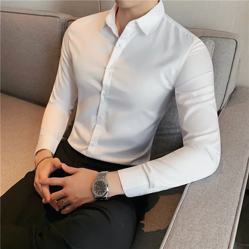 Men's Classic French Cuffs Solid Dress Shirt Covered Placket Formal Business Standard-fit Long Sleeve Office Work White Shirts