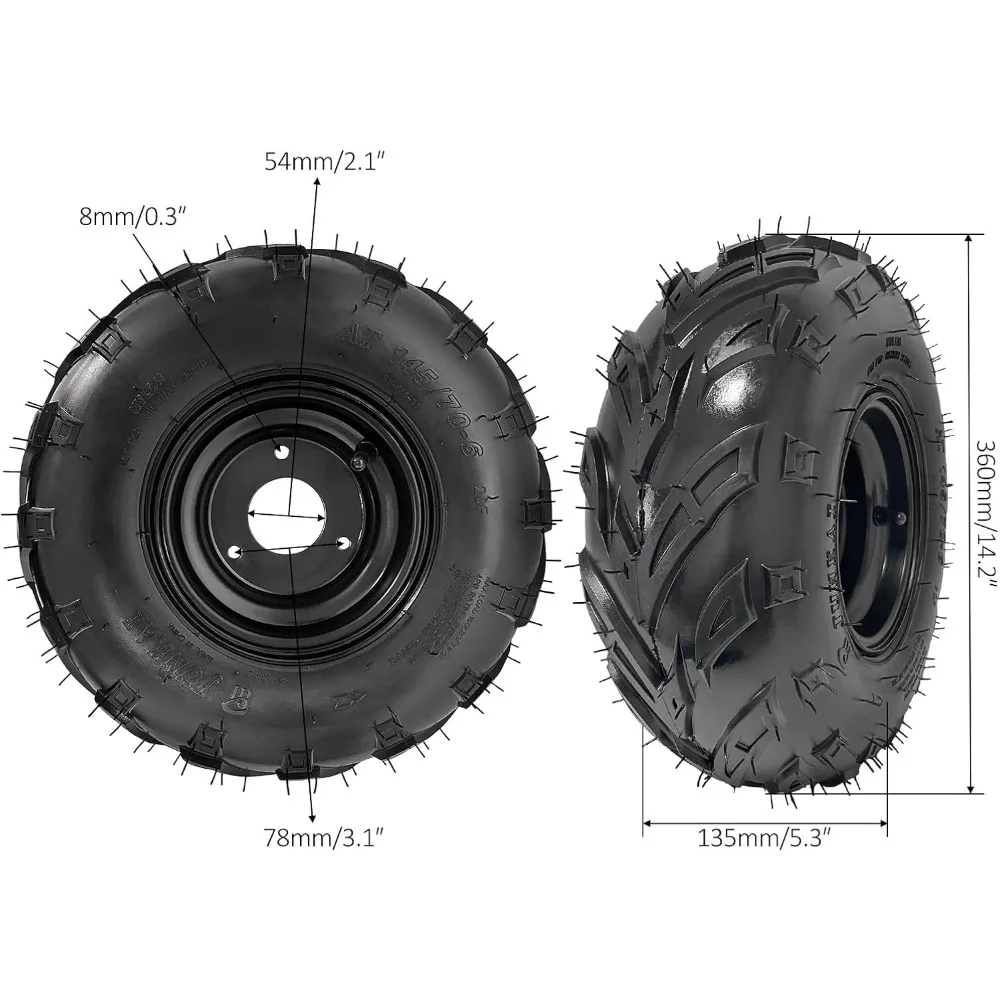 off-road145/70-6 Tubeless Wheel Tire with Rim 3 Bolt Pattern for 50cc 70cc 90cc 110cc 125cc ATV Go Kart UTV Quad Bike 4 Wheelers