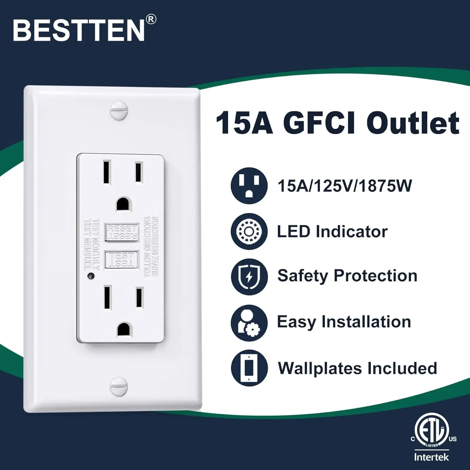 10 Pack 15 Amp GFCI Outlet, GFI Receptacle Outlet with LED Indicator, Ground Fault Circuit Interrupter, ETL Certified