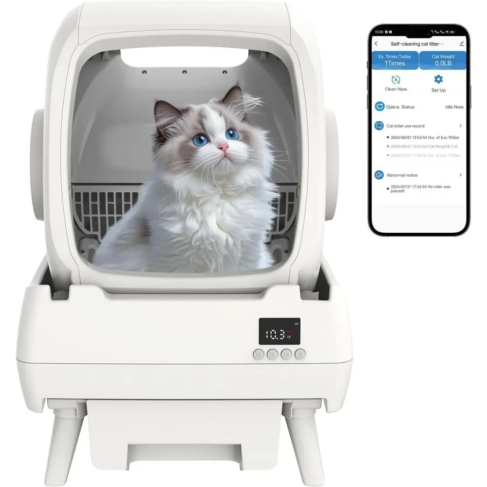 

Автоматический самоочищающийся лоток для кошек - управление через приложение, запись данных о посещении туалета, подходит для средних кошек и котят, защита от защемления.