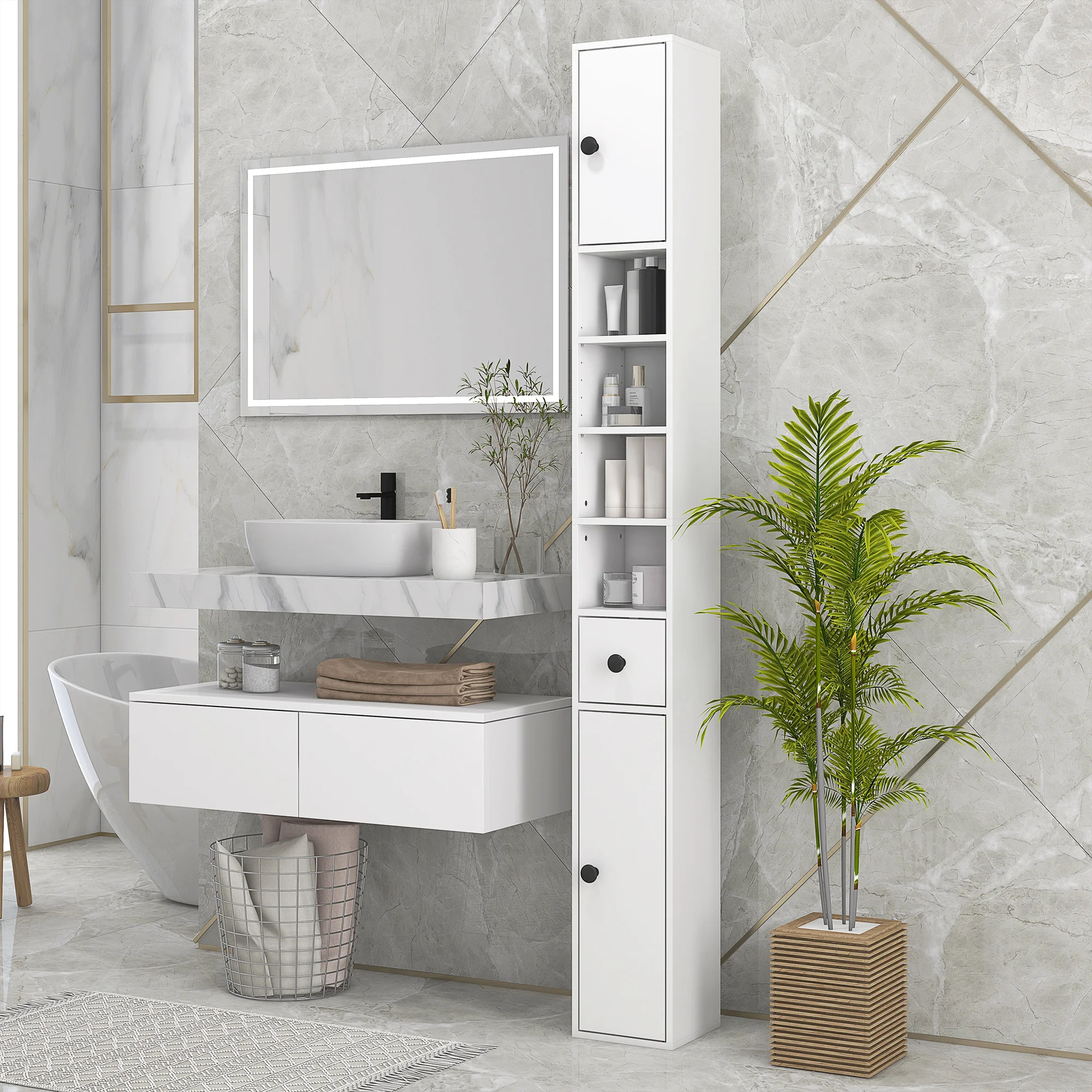 Kleankin Armoire de rangement pour salle de bain de 71 po de hauteur, armoire pour papier toilette étroite avec étagères ouvertes, armoires à 2 portes, étagères réglables