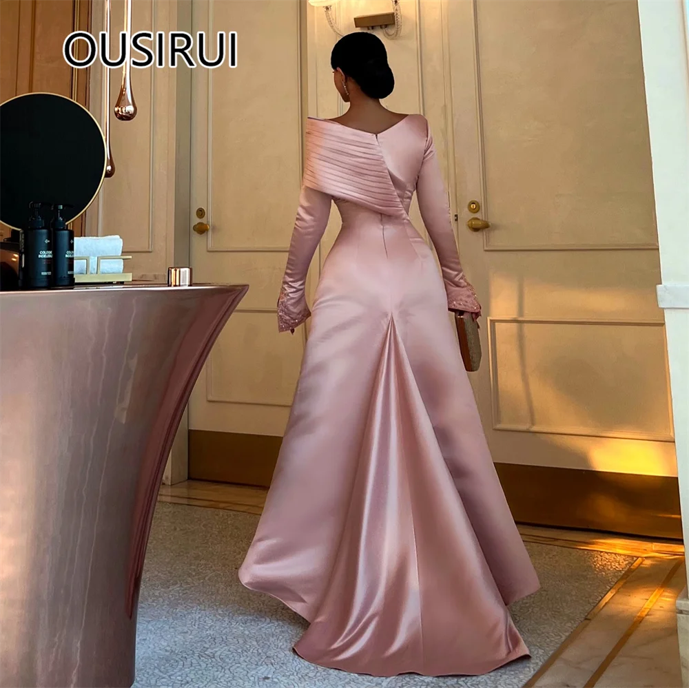 New Style O-neck Satin Beaded Formal Evening Dubai Gown Ruched A-line Long Evening Party Dress with Long Sleeve Custom Made