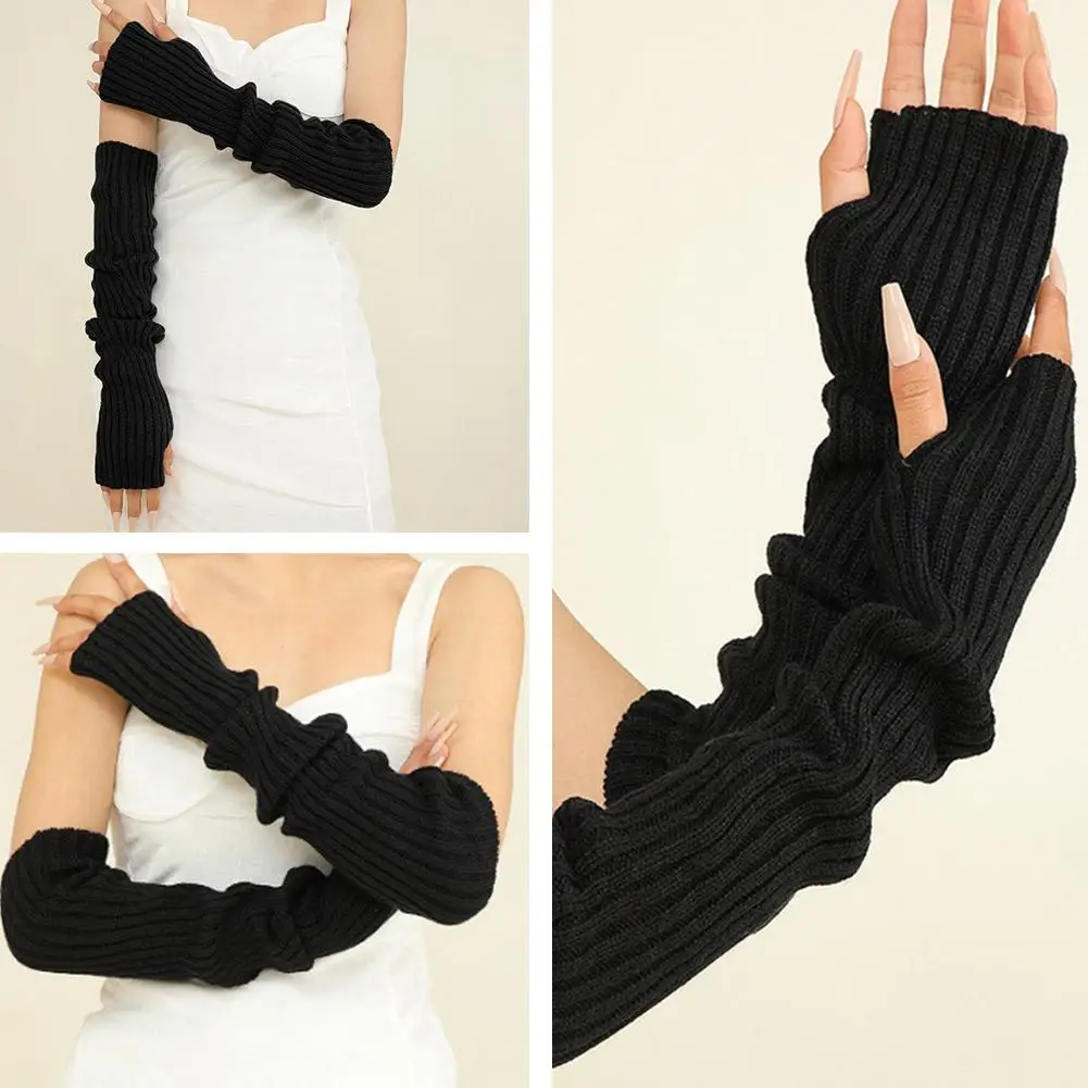 Black Knitted Half Finger Gloves Thickened Solid Color Gloves Half Knitted Autumn Finger Long Sleeves Arm Sleeves Warm Wint I5b5