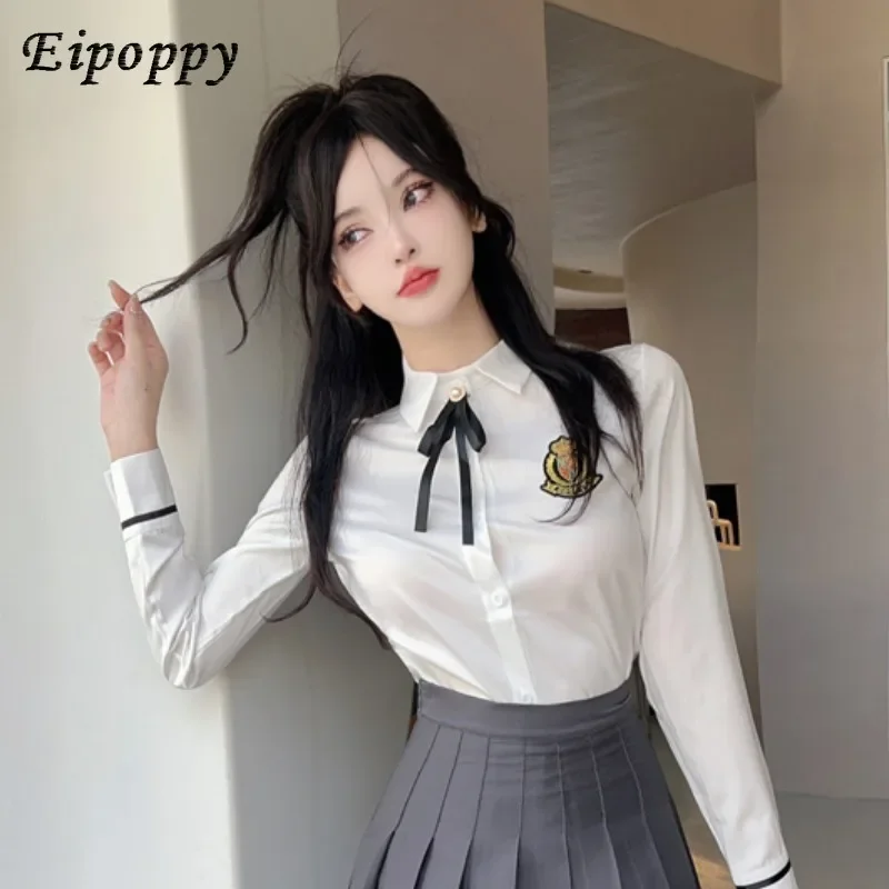 Fall Long Sleeve White Shirt Women's British College Style School Uniform Shirt Bow Tie Anti-Aging Top