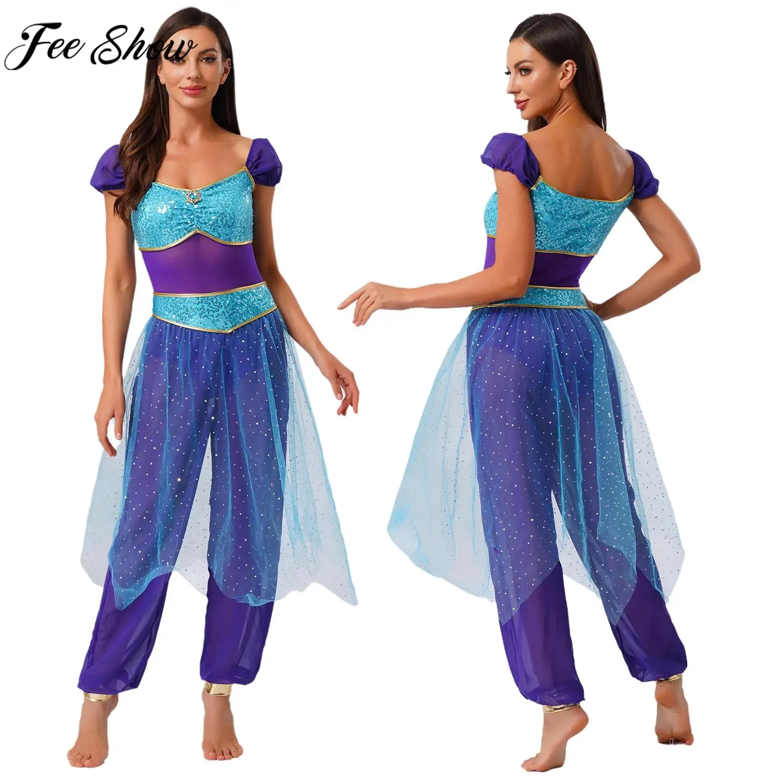 

Women Arab Jasmine Princess Cosplay Costume Sequin Gem Decor Tulle Overlay Jumpsuit Belly Dance Bodysuit for Halloween Carnival
